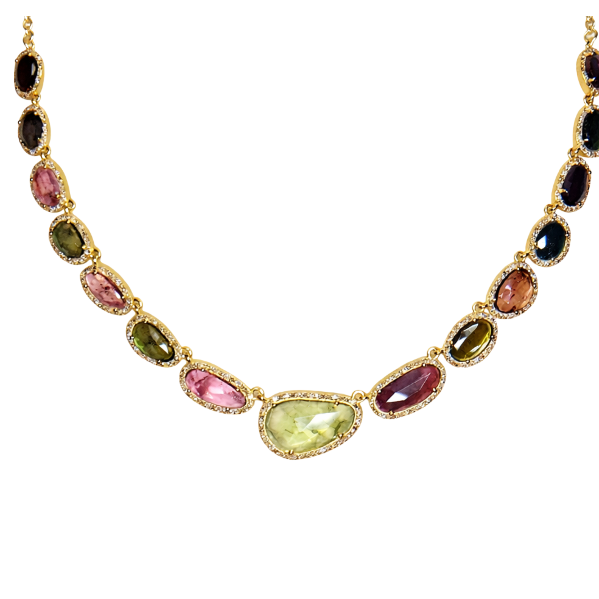 Sliced Watermelon Tourmaline & Diamond Adjustable Choker 12" - 18"