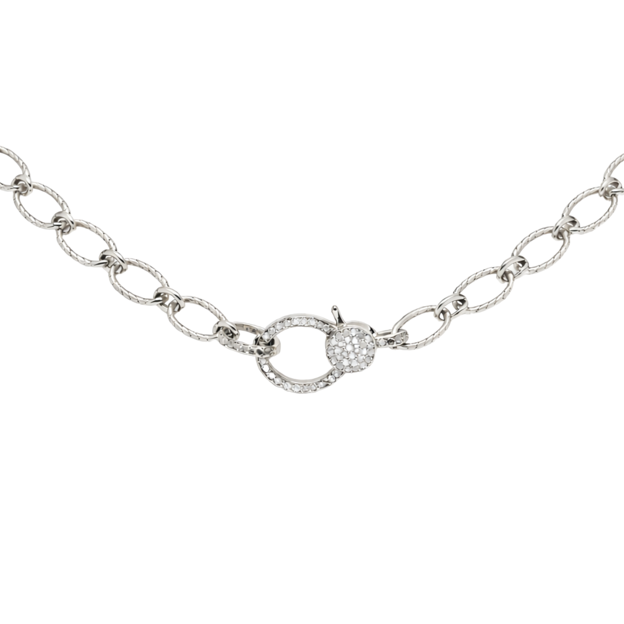 Weave bright silver necklace with bright silver diamond closure, elegant minimalist design, stylish luxury accessory