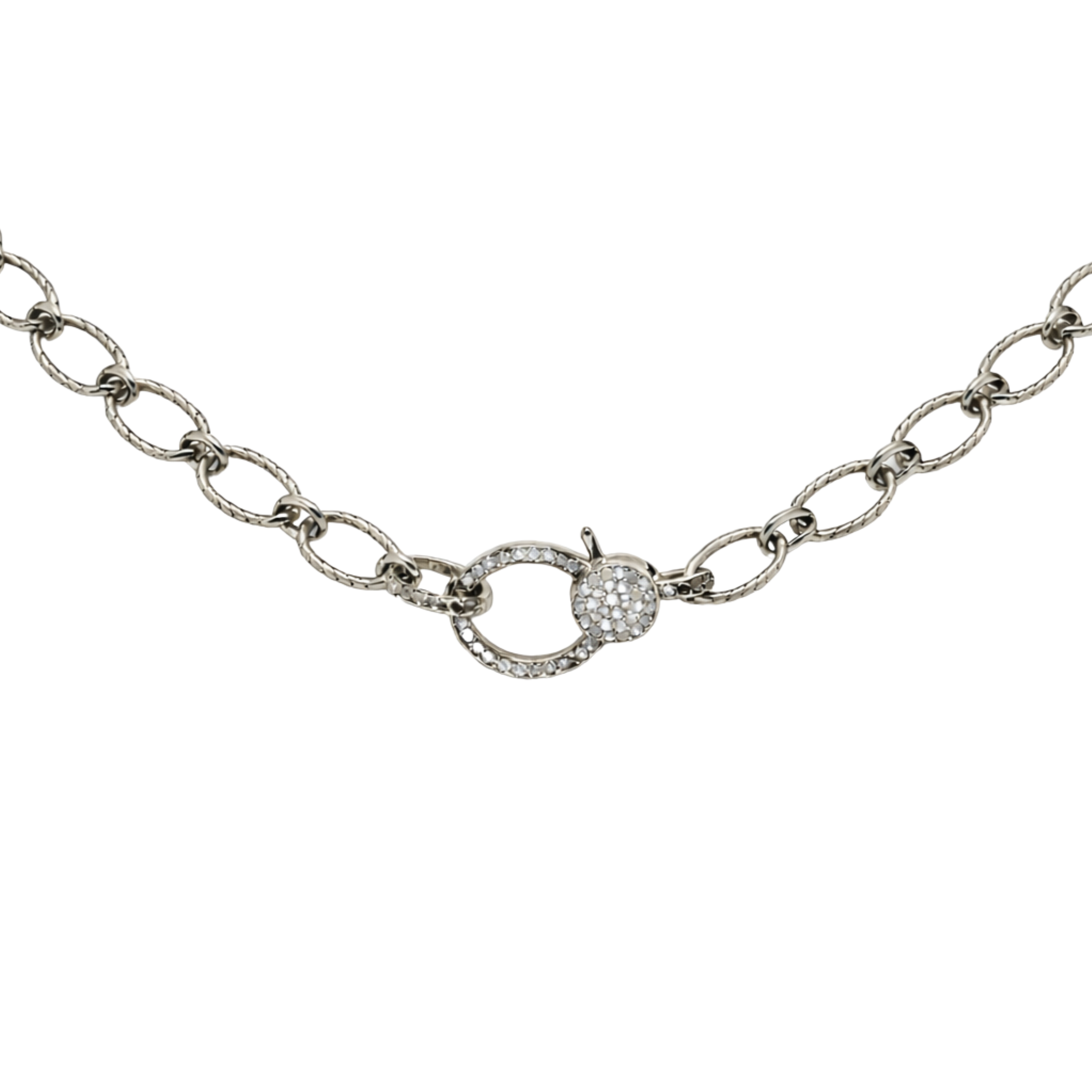 Weave gunmetal silver necklace with matching diamond closure, elegant minimalist design, stylish luxury jewelry accessory