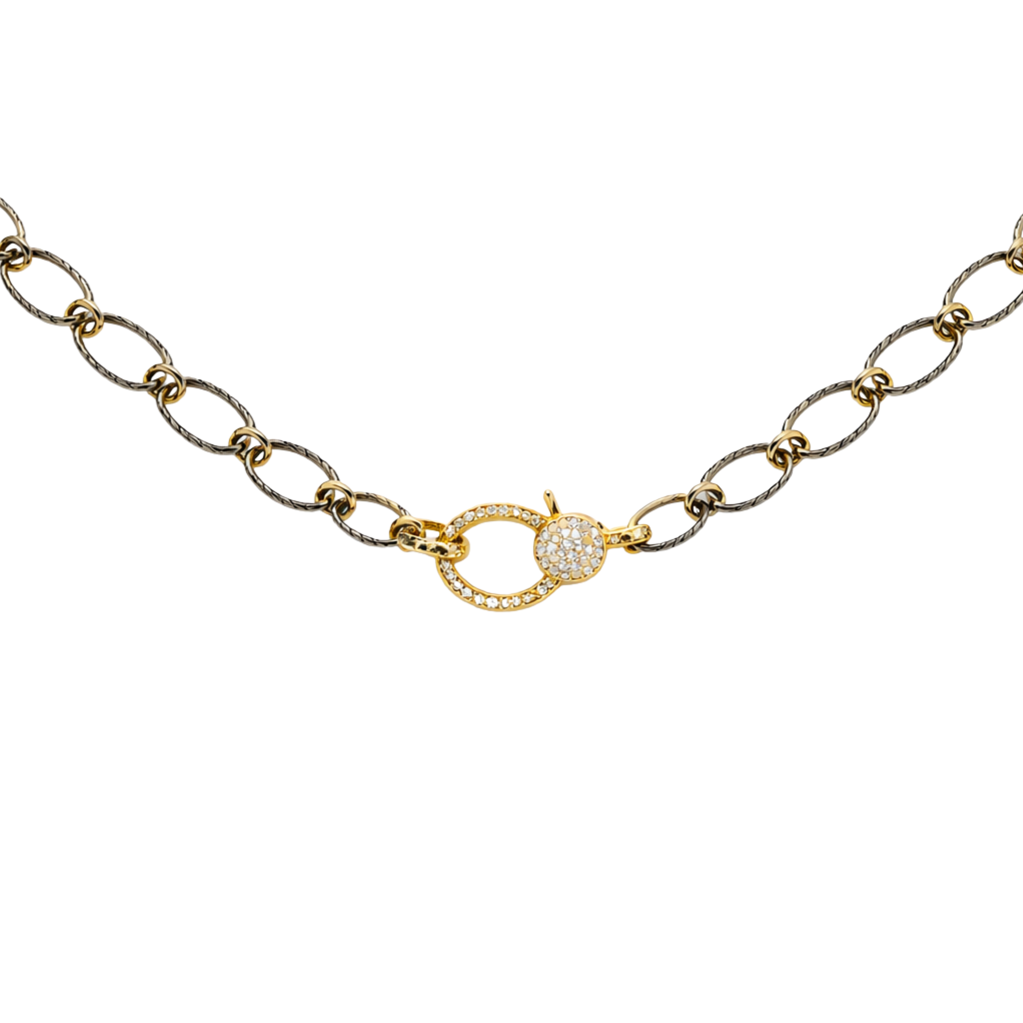 Weave gunmetal silver necklace with matching diamond closure, elegant minimalist design, stylish luxury jewelry accessory