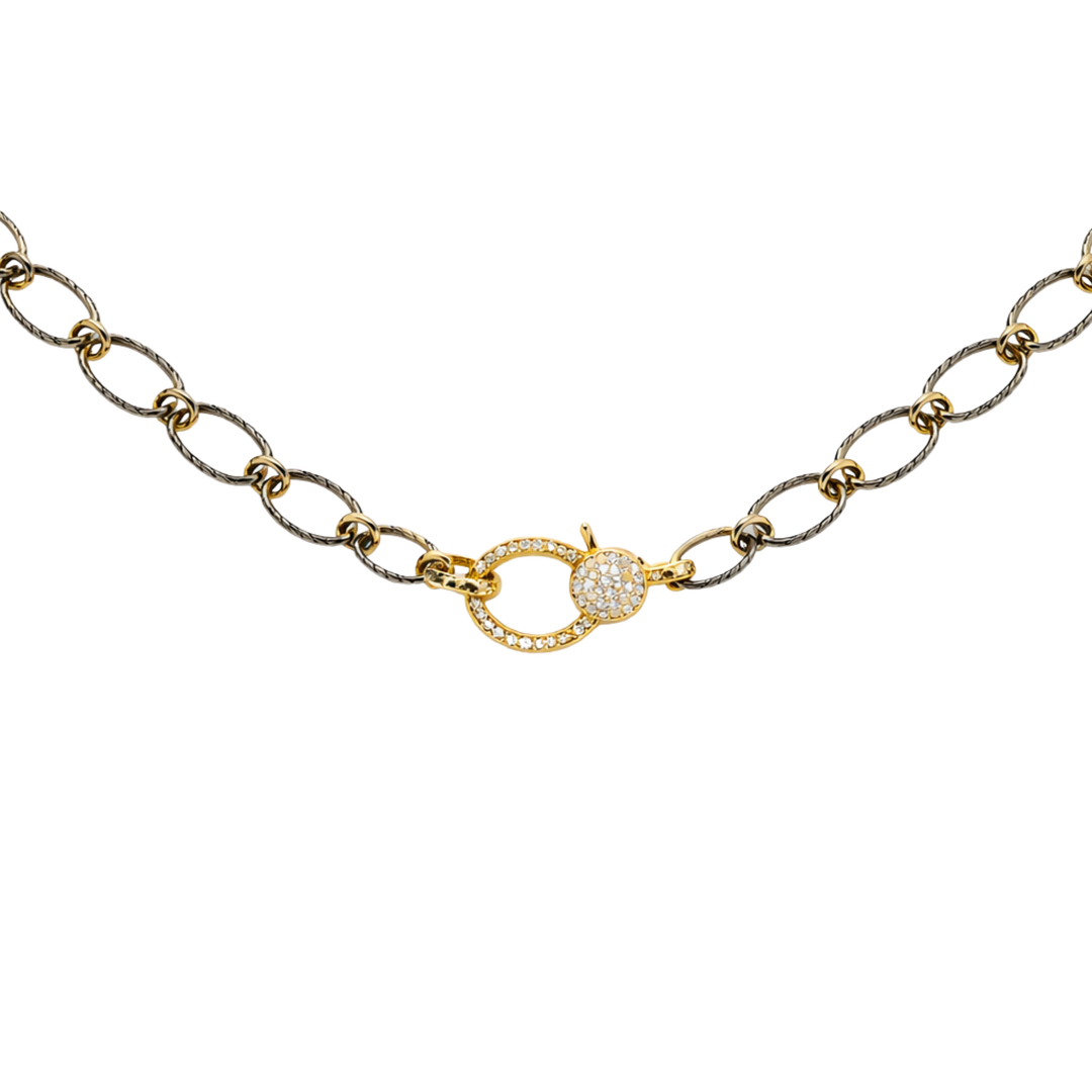 Weave gunmetal silver necklace with matching diamond closure, elegant minimalist design, stylish luxury jewelry accessory