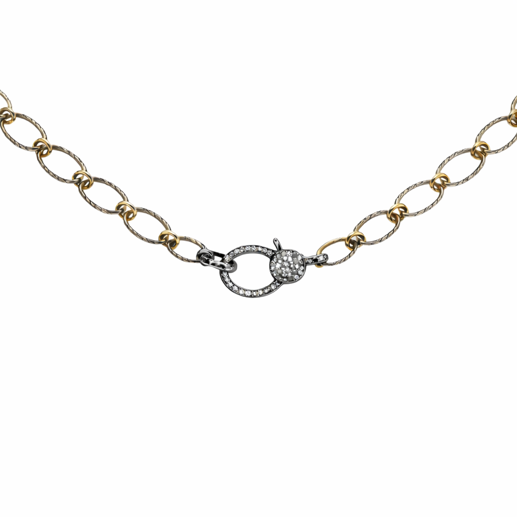 Weave mixed metal necklace with silver diamond closure, elegant minimalist design, stylish luxury jewelry accessory