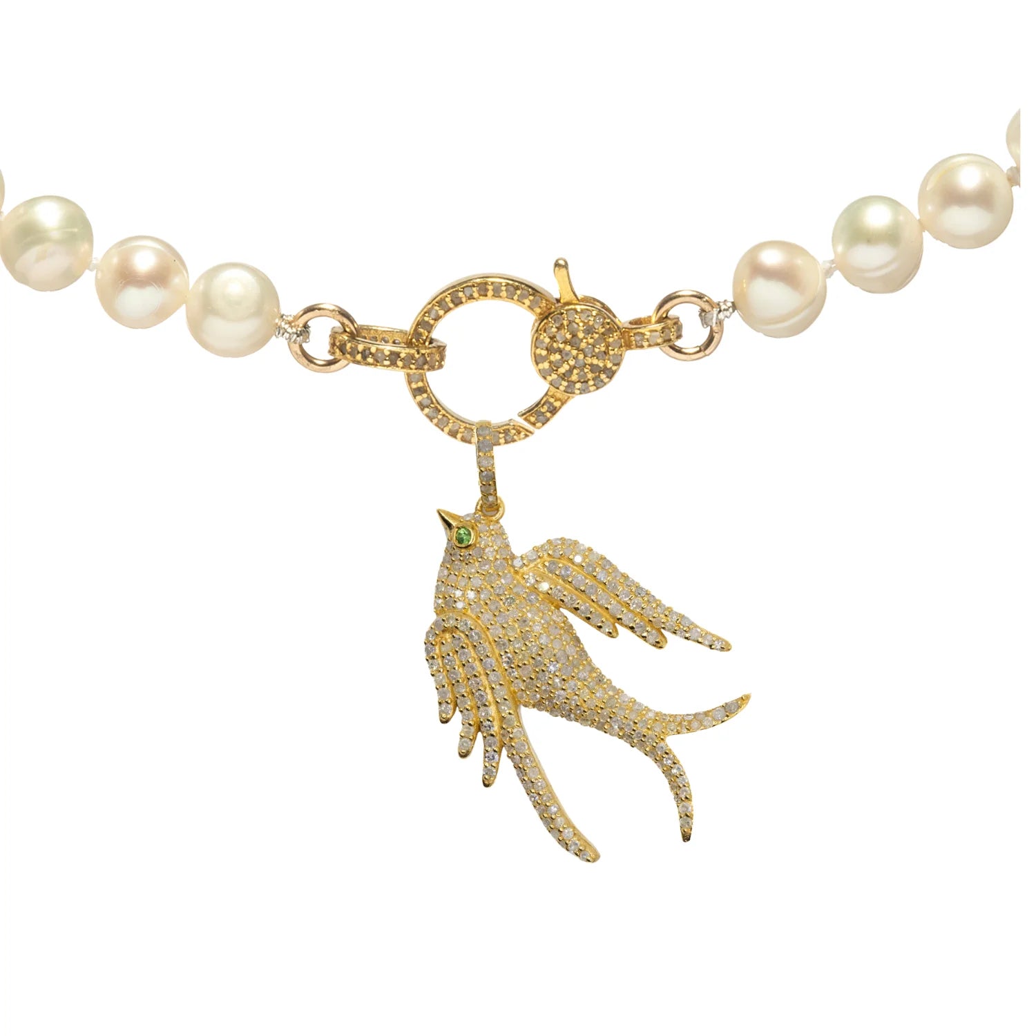 White Pearl Necklace Gold Swallow Diamond Pendant